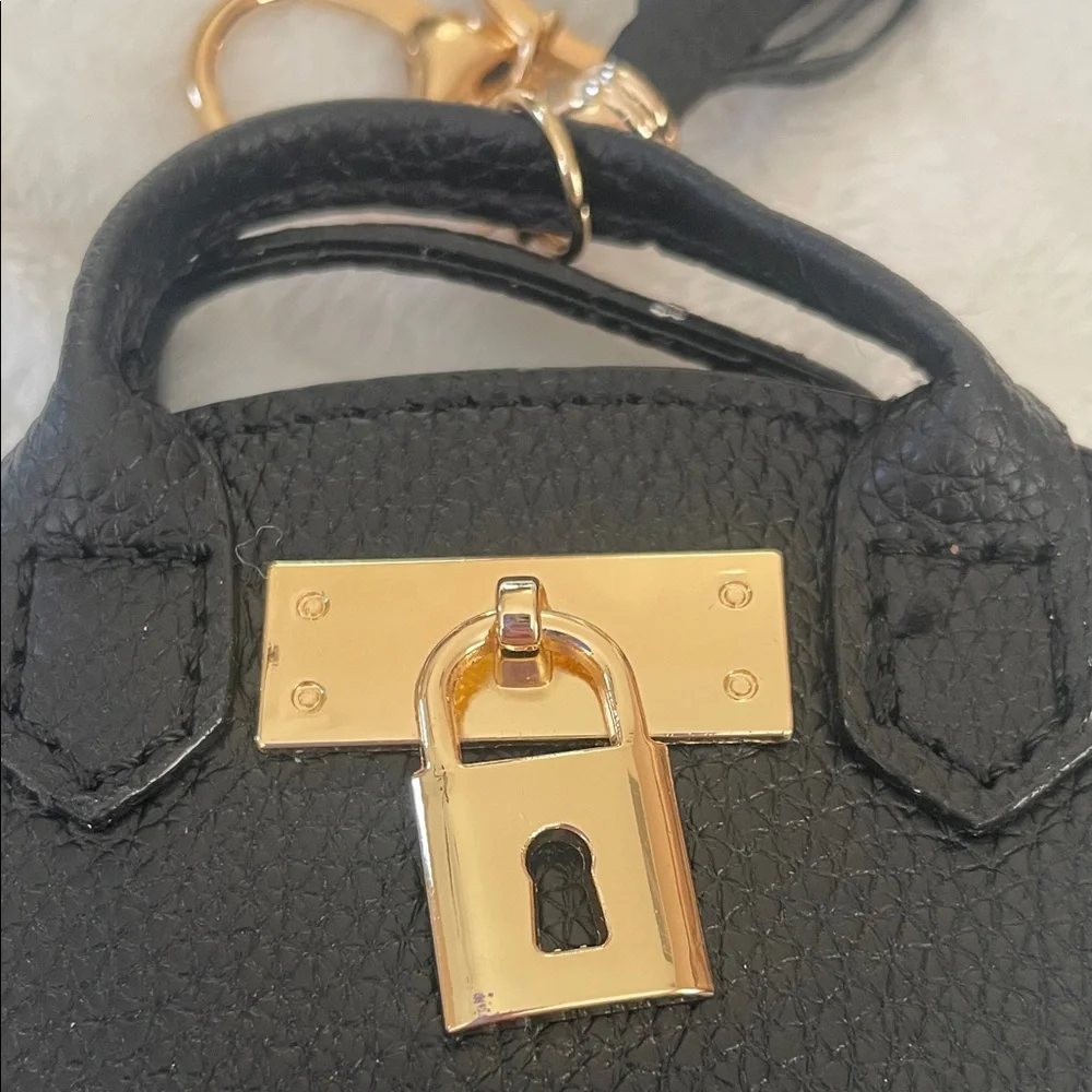 Mini Tote Bag Key Chain and Coin Purse Charm - Black with Gold Tone Accents
